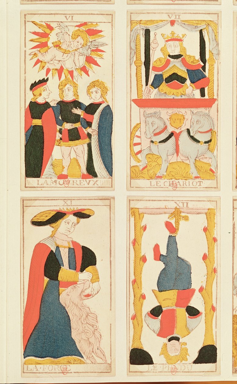 Neljä tarot-korttia, jotka kuvaavat rakastajia, vaunuja, voimaa ja hirtettyä miestä (värillinen puukaiverrus) tekijältä French School
