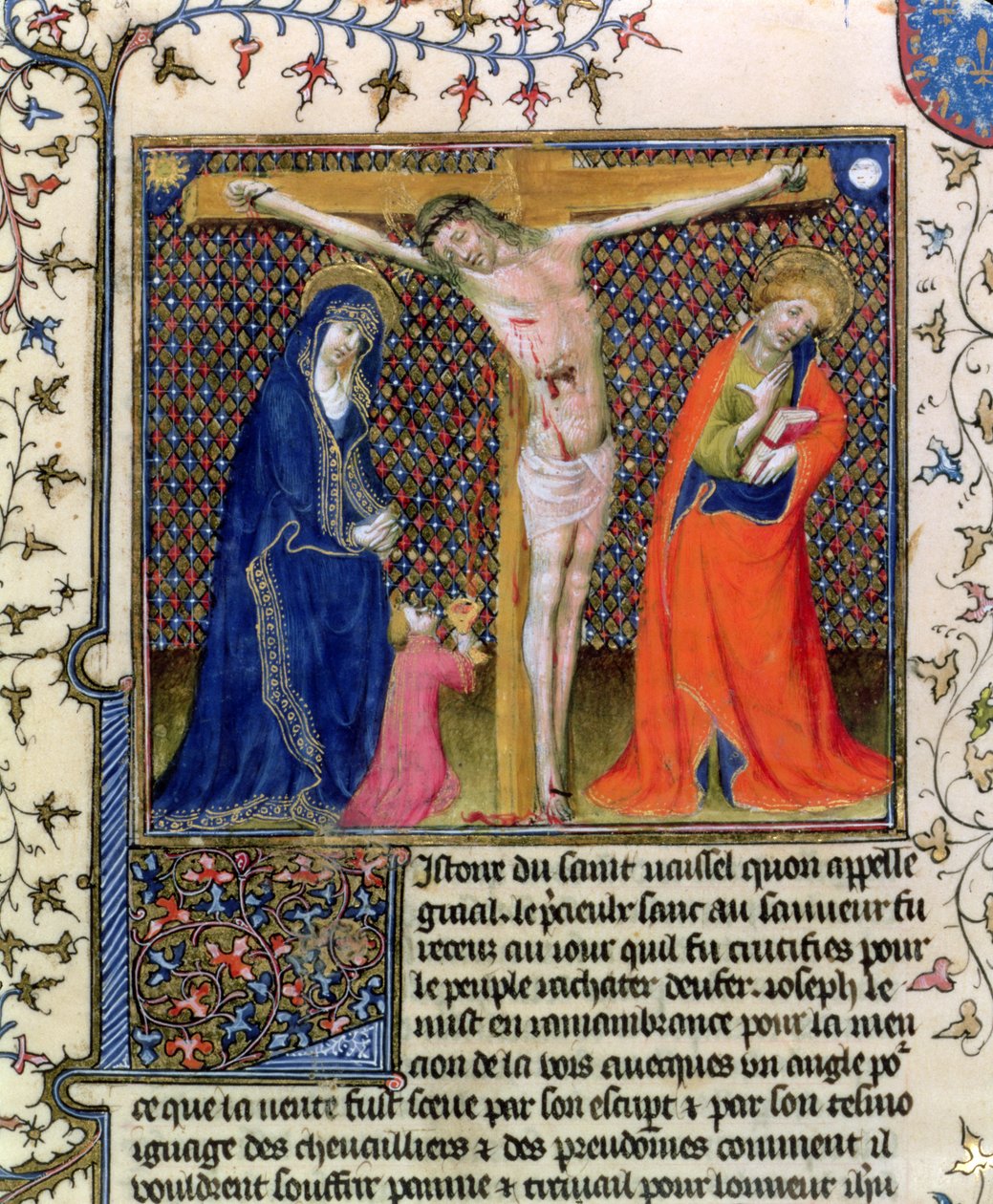 Fr.120. f.520 Joosef Arimatialainen kerää ristiinnaulitun Kristuksen verta La Quite de Saint Graalista tekijältä French School