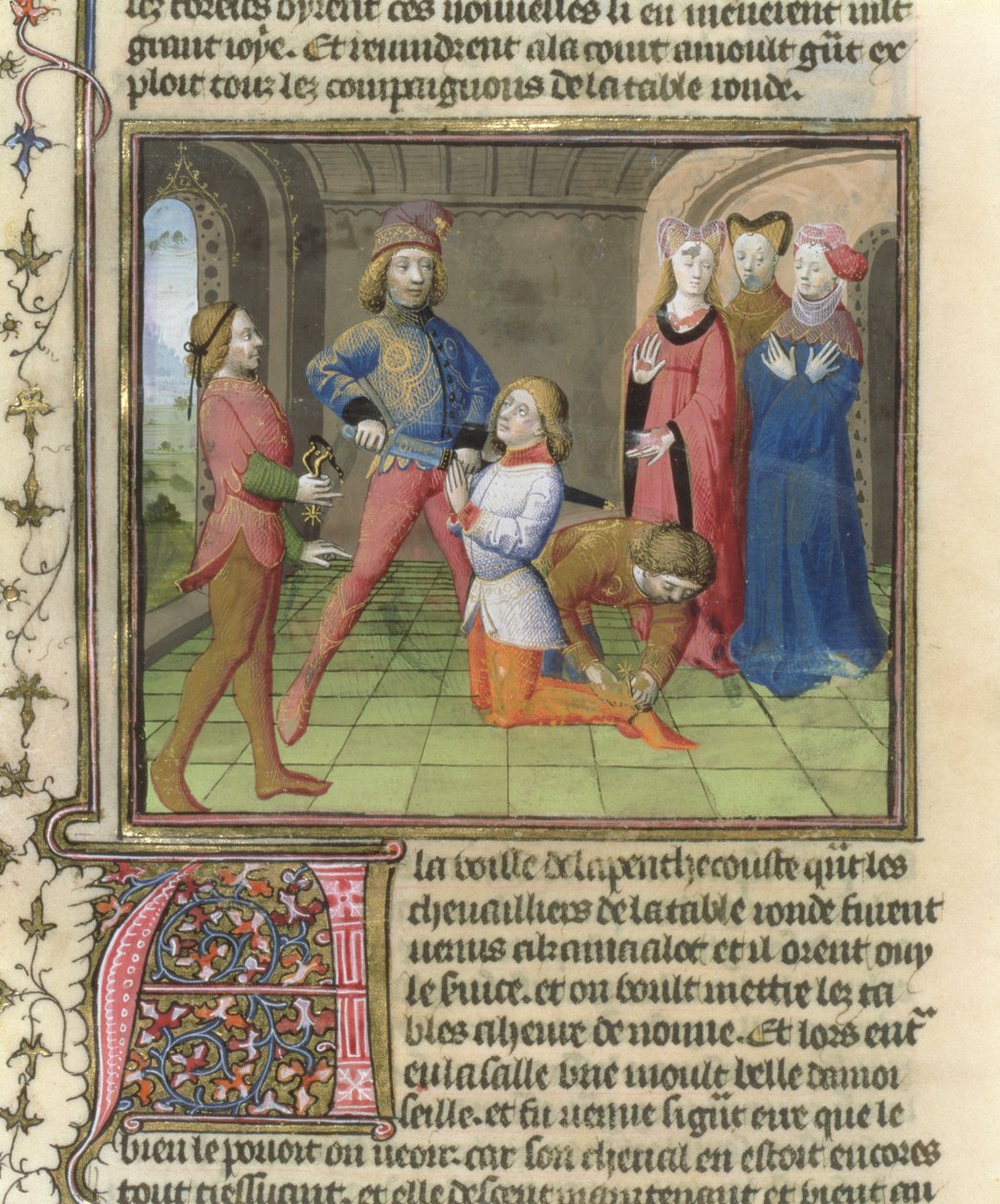 Fr.120 f.522v Lancelotin ritarit elokuvista The Story of Lancelot La Quite de Saint Graalissa tekijältä French School