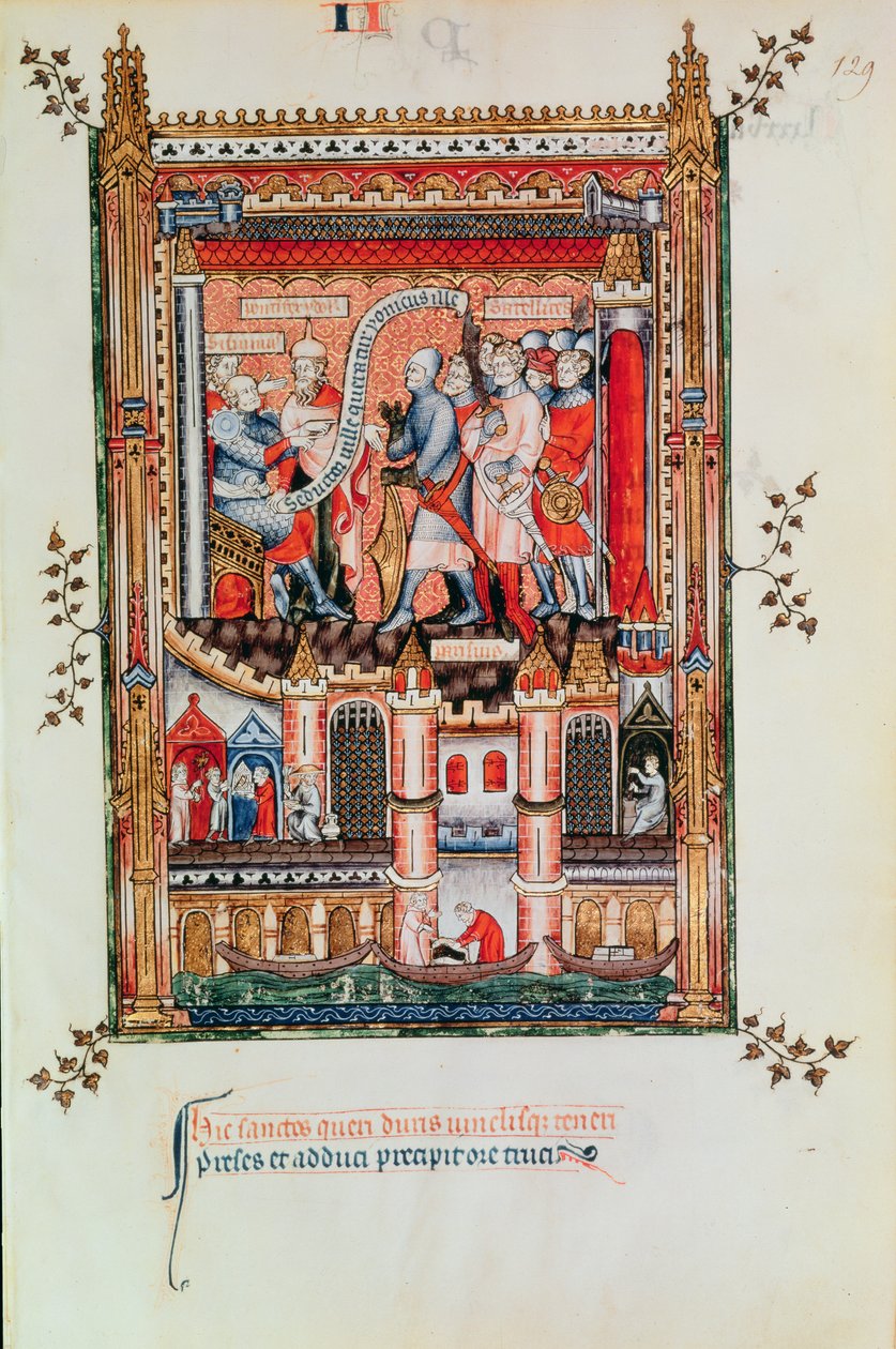 Fr 2091 fol.129 Sisinnius antaa käskyt St. Denisille ja hänen eteensä tuoduille tovereilleen Vie de St. Denisistä, 1317 tekijältä French School