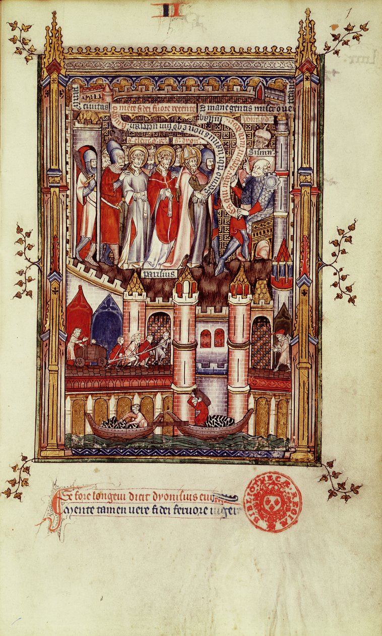 Fr 2092 f.1 Sisinniuksen ensimmäinen kuulustelu St. Denisistä ja hänen seuralaisistaan Vie de St. Denisistä, 1317 tekijältä French School