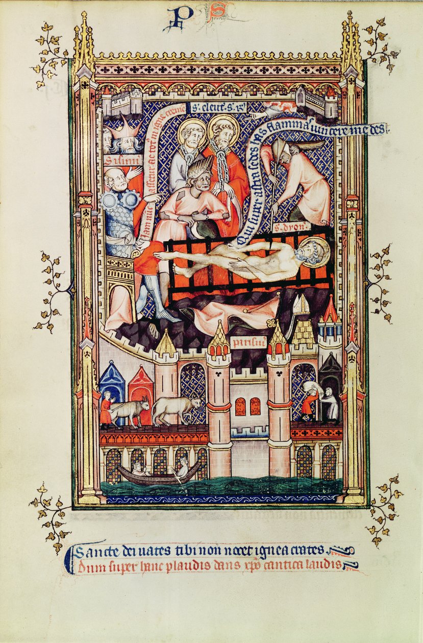 Fr 2092 f.22v St. Denis kidutetaan telineessä, Vie de St. Denis, 1317 tekijältä French School