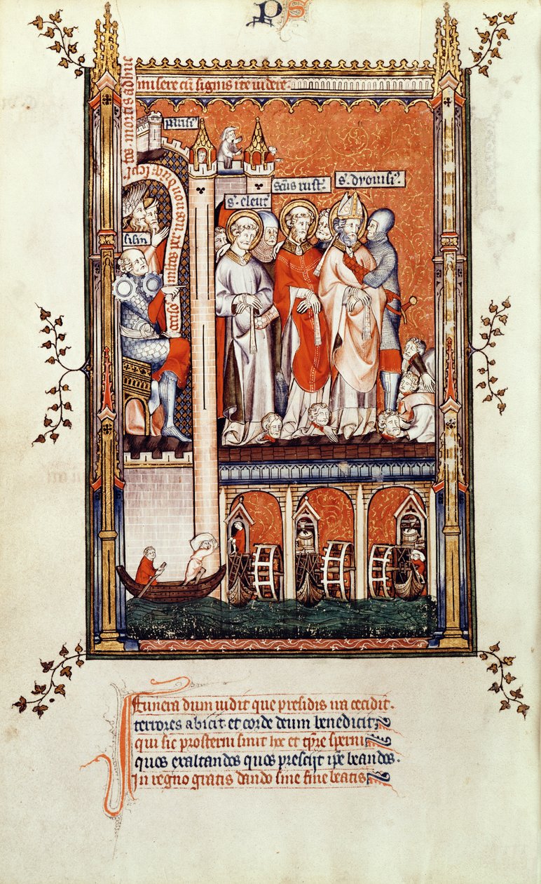 Fr 2092 f.37v Sisinnius, joka näyttää muiden marttyyrien ruumiita St. Denikselle ja hänen kumppaneilleen, Vie de St. Denisistä, 1317 tekijältä French School