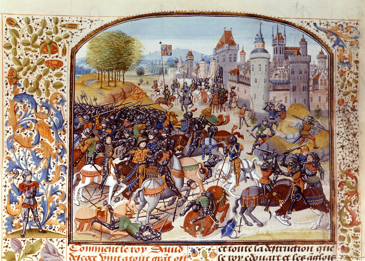 Fr 2643 f.97v Nevilles Crossin taistelu satavuotisesta sodasta vuonna 1346, Froissarts Chroniclesta tekijältä French School