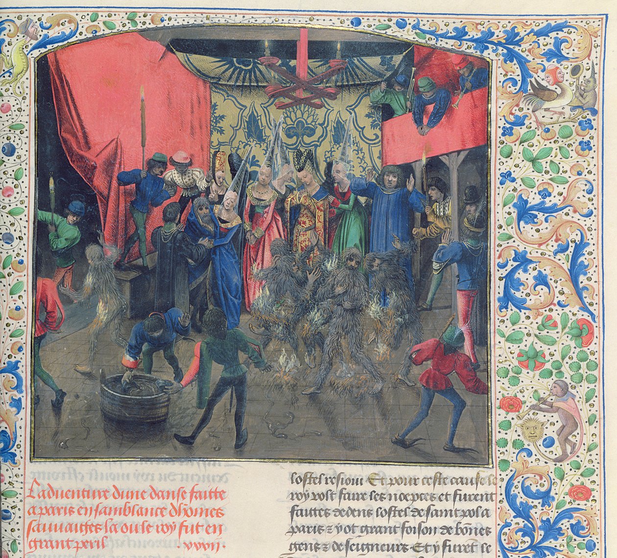 Fr 2646 f.176 Bal des Ardents, Berryn herttuatar pelasti Charlesin sen jälkeen, kun Louis of Orleans sytytti tuleen Froissarts Chroniclen tanssijoiden puvut, 1392 tekijältä French School