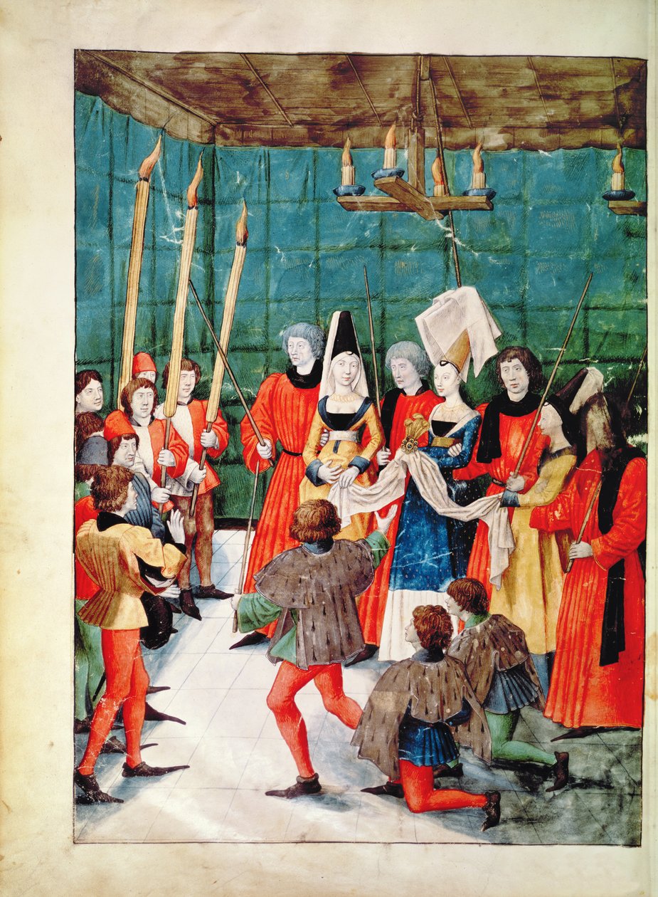 Fr 2692 f.70v Kuningatar jakavassa turnausturnauksen palkinnon, Livre des Tournois de Rene dAnjou, n. 1488-89 tekijältä French School