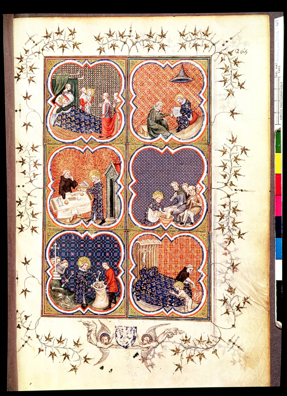 Fr 2813 f.265 Kuusi kohtausta Saint Louisin elämästä (1215-70), Grandes Chroniques de Francesta, 1375-79 tekijältä French School