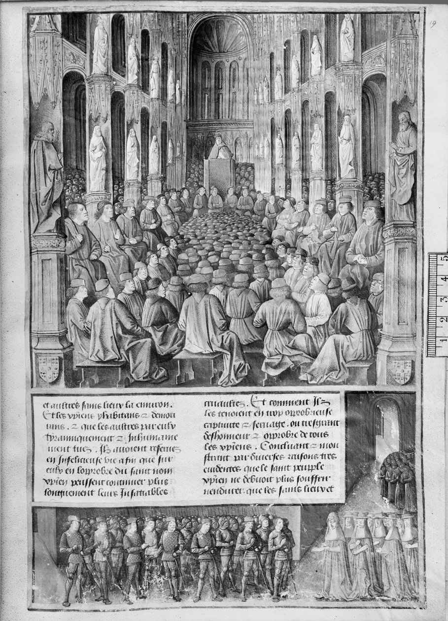 Fr 5594 fol.19 Kuinka paavi Urbanus II (1042-1099) saarnasi Pyhän haudan kirkon valloittamisesta Clermont-Ferrandin kirkolliskokouksessa, kuva Sebastien Mamerot de So:n Les Passages dOutre-Meristä tekijältä French School