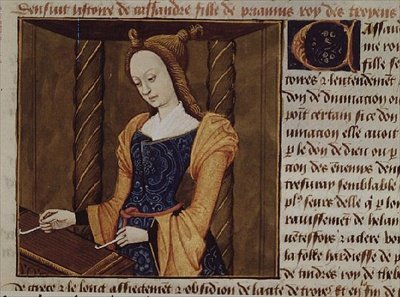 Fr 599 f.29 Cassandra soittamassa kantelua, teoksesta `Des Cleres et Nobles Femmes tekijältä French School