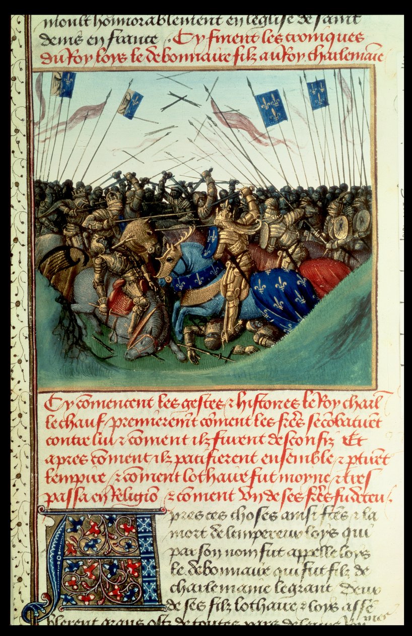 Fr 6465 f.140 Lothair I (795-855) Lännen keisari taistelussa veljiensä Ludvig Saksan (n.804-76) ja Kaarle Kaljuun (823-77) kanssa Fontenoy en Puisayessa vuonna 841 tekijältä French School