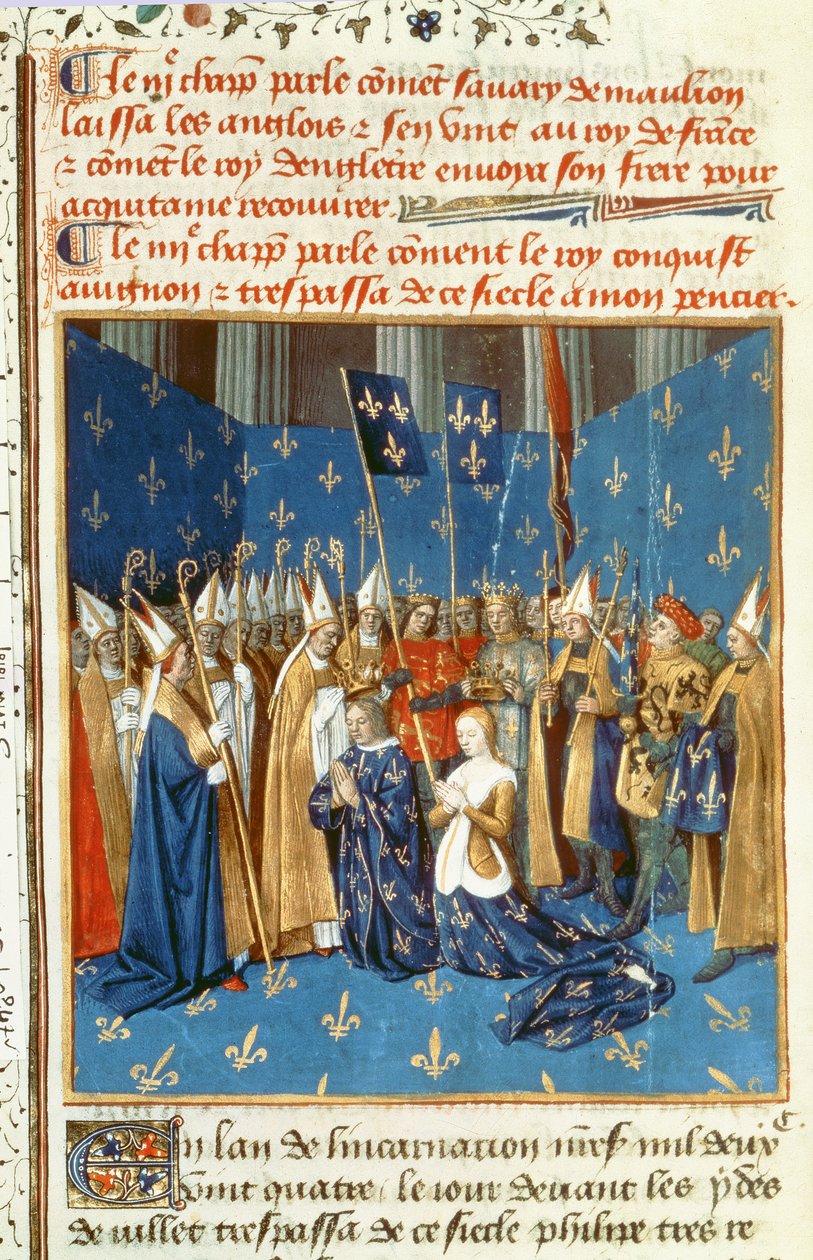 Fr 6465 f.247v Ludvig VIII:n (1187-1226) ja Blanche de Castilen kruunaus Reimsissä Jerusalemin kuninkaan läsnäollessa tekijältä French School