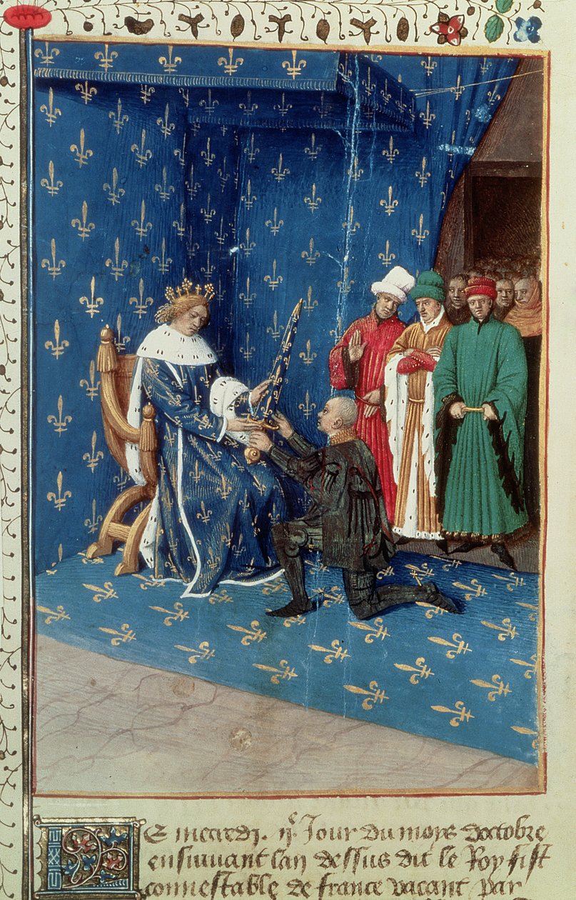 Fr 6465 f.434v Charles V (1338-80) Knightsing käännynnäinen Bertrand Duguesclin, lokakuu 1390 tekijältä French School