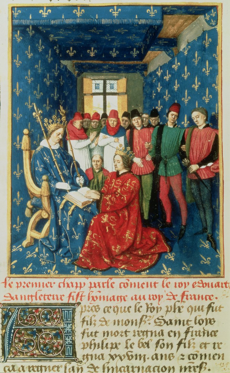 Fr 6465 fol.301v Edward I (1239-1307) kunnioittaa Ranskan kuningasta Philippe IV le Beliä (1268-1314) Akvitanian herttuakunnan puolesta tekijältä French School