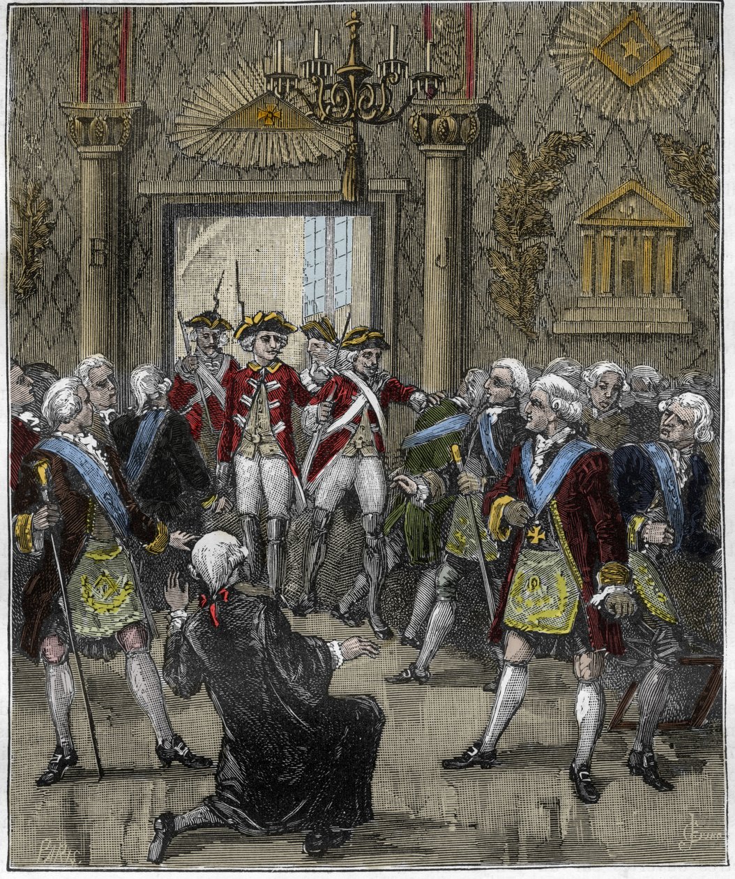 Franc-Maconnerie (Franc Maconnerie) Hotel de Soissonissa Pariisissa kesäkuussa 1745: Franco-Maconin seremonia keskeytettiin poliisikomentajan saapuessa. Kaiverrus ”” Pariisissa vuosisatojen ajan”, Gourdon de Kenouillac 1880.. tekijältä French School