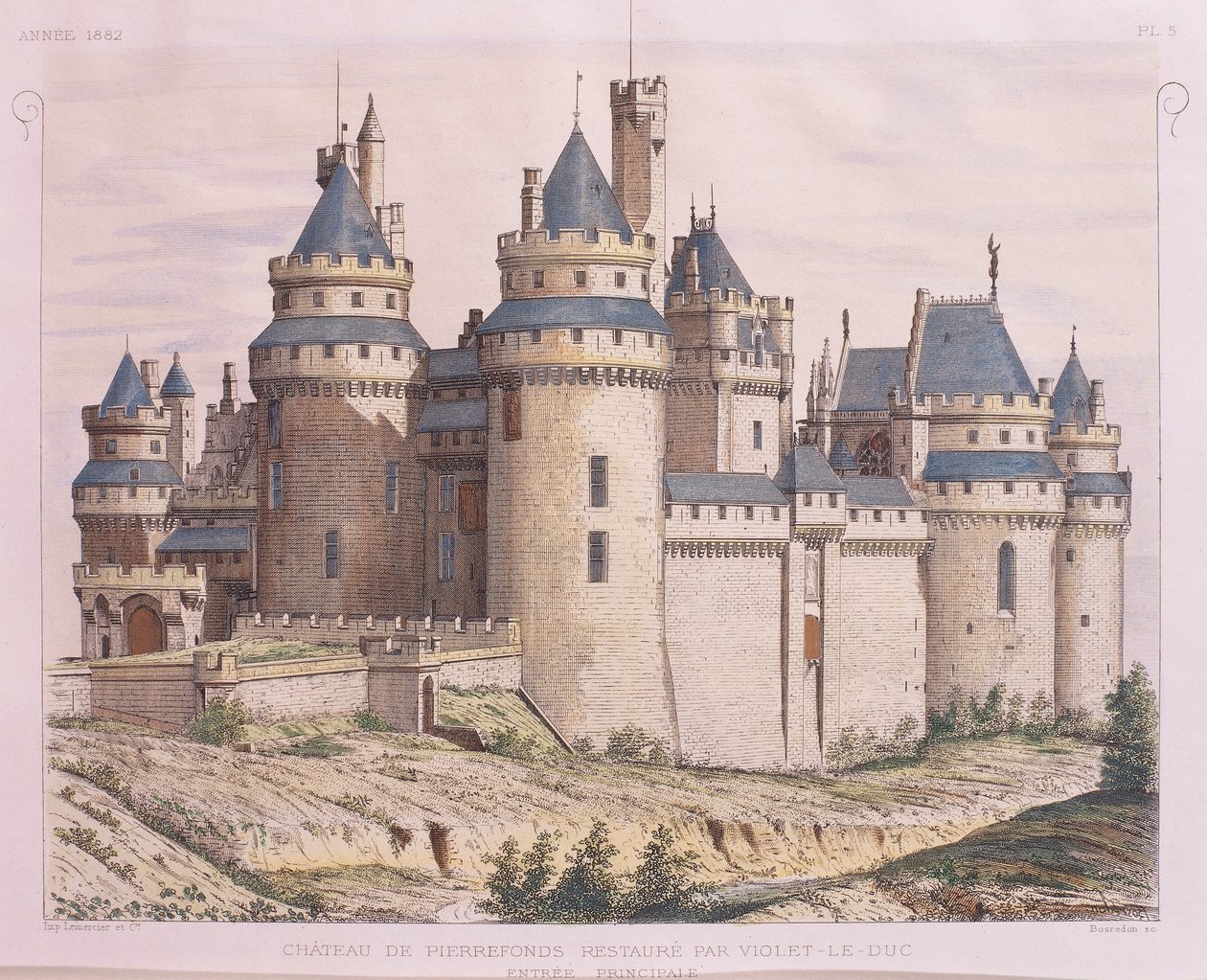 Ranska, Pierrefondsin keskiaikainen linna, kunnostettu Violet le Duc Moniteur des Architectesista, kaiverrus tekijältä French School