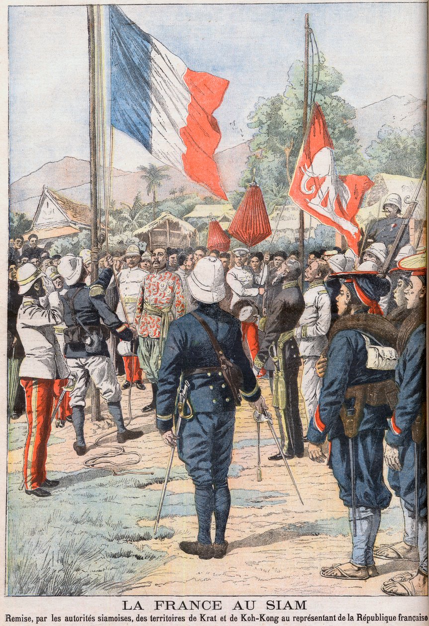 Ranska ottaa haltuunsa Kratin ja Koh-Kongin alueet Siamin siamilaisten ja ranskalaisten välillä vuonna 1904 tehdyn sopimuksen jälkeen, kuva Le Petit Journalista helmikuussa 1905 (kaiverrus) tekijältä French School