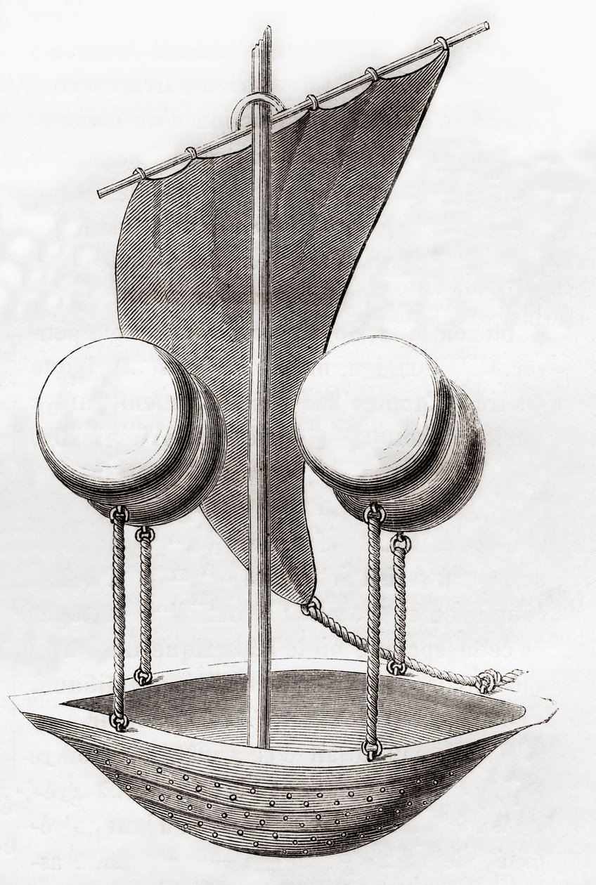 Francesco Lana de Terzin lentävä venekonsepti n. 1670, teoksesta "Les Merveilles de la Science", julkaistu n. 1870 (litho) tekijältä French School