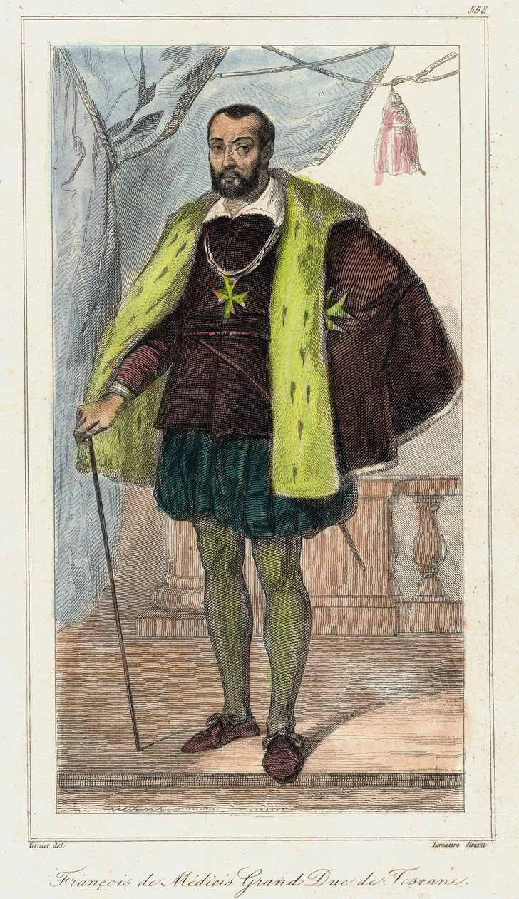 Francesco de Medici (Francis de Medicis), Toscanan suurherttua (1541 - 1587) Medicin Marian isä. Kaiverrus 1800-luku. tekijältä French School