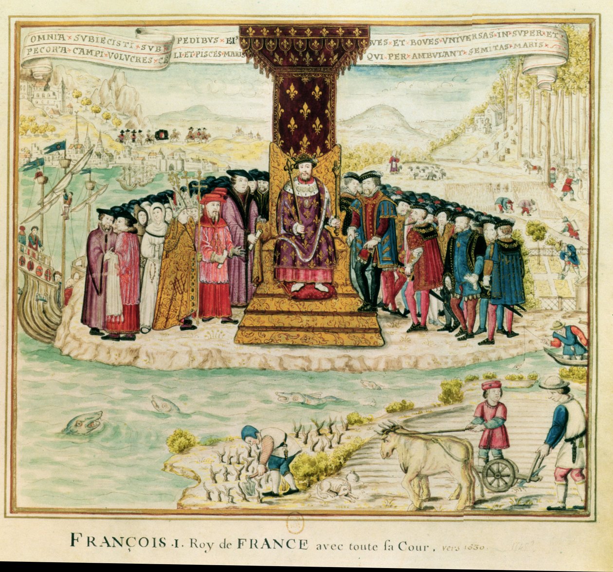 Francis I (1494-1547) hovinsa ympäröimänä, n. 1630 (wc paperilla) tekijältä French School