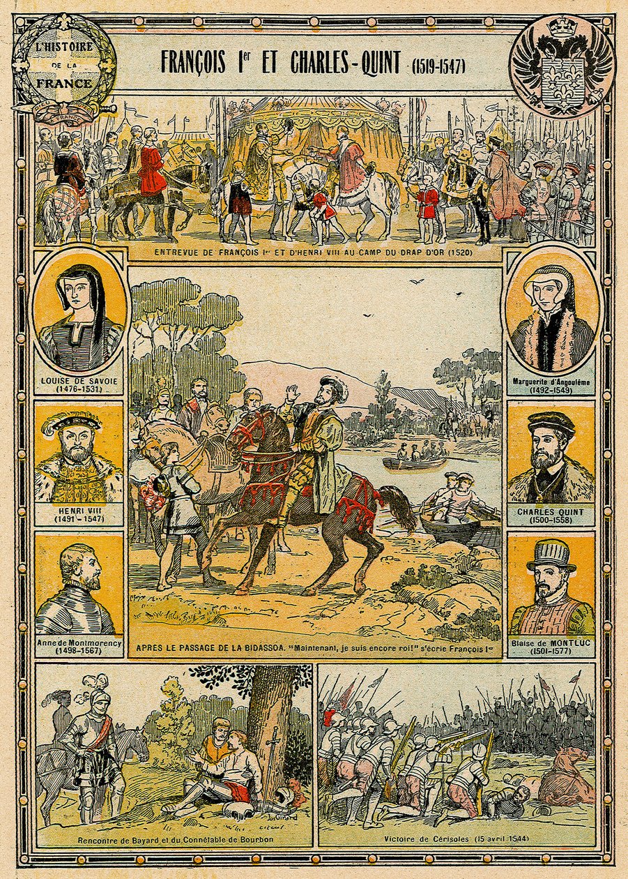 Franciscus I Ranskalainen ja Kaarle V, Pyhän Rooman keisari, kuvitus "Histoire de Francesta" tekijältä French School