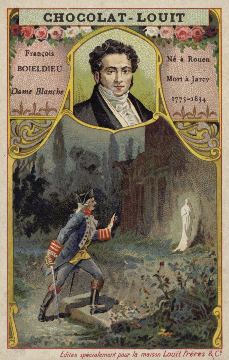 Francois-Adrien Boieldieu, ranskalainen säveltäjä, ja kohtaus hänen oopperastaan La Dame Blanche (kromoliittinen kuva) tekijältä French School