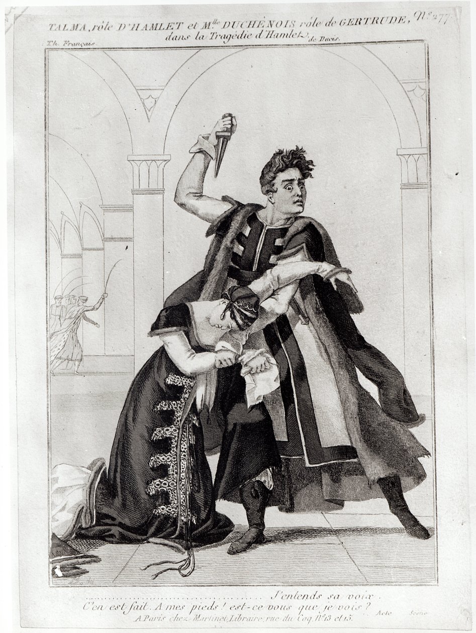 Francois-Joseph Talma (1763-1826) Hamletina ja Mademoiselle Duchenois Gertrudena Shakespearen "Hamletissa", jonka Jean-Francois Ducis on sovittanut, vuoden 1769 jälkeen tekijältä French School