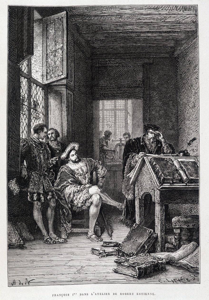Francois 1. Robert Estiennen studiossa - kaiverrus tekijältä French School