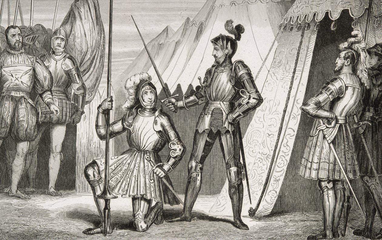 Francois I (1494-1547) kapteeni Bayardin ritariksi Marignanon taistelun jälkeen Colartin "Histoire de France" -kirjasta, julkaistu n. 1840 tekijältä French School