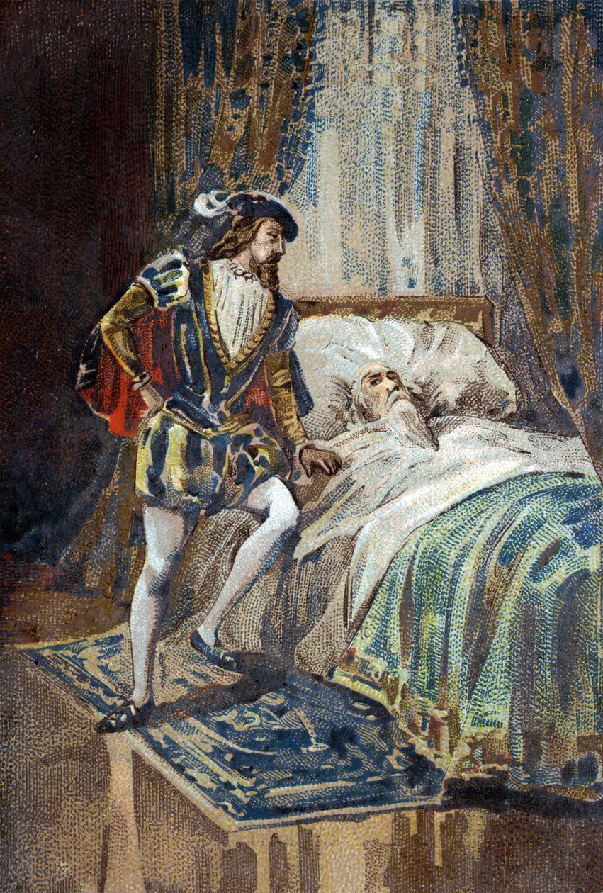 Ranskan kuningas Francois I vastaanottaa Leonard de Vincin (Leonardo da Vinci) viimeiset huokaukset Clos Lucessa. Kromolitografia noin 1890. tekijältä French School