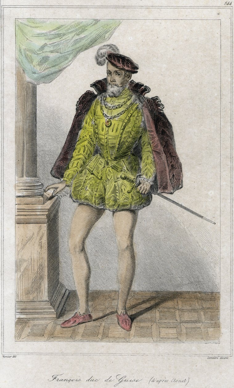 Francois I Lorrainesta, Guisen toinen herttua (1519 - 1563). Se aloitti ensimmäisen uskontosodan Wassyn (Vassyn) joukkomurhalla (1562). Kaiverrus 1800-luvulta. tekijältä French School