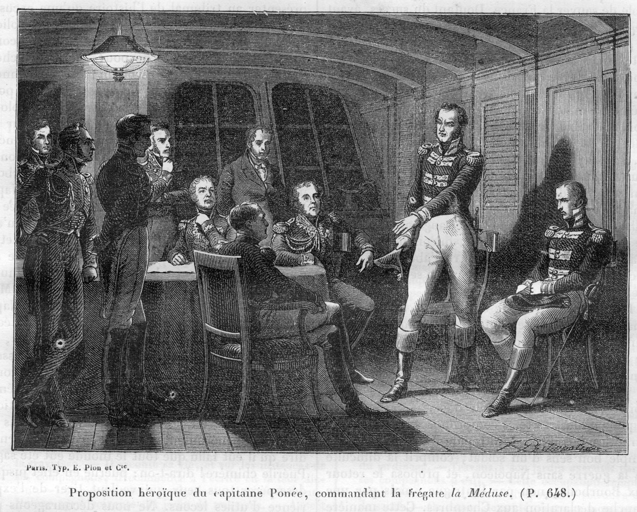 Francois Ponee II (1775-1863), La Medusen komentaja, Napoleonin fidele, tarjoaa keisarille taistelemaan yksin Le Bellerophonia vastaan - Adolphe Thiersin yksityiskokoelmassa "Imperiumin historia konsulaatin historiaa seuranneessa" -1879 tekijältä French School