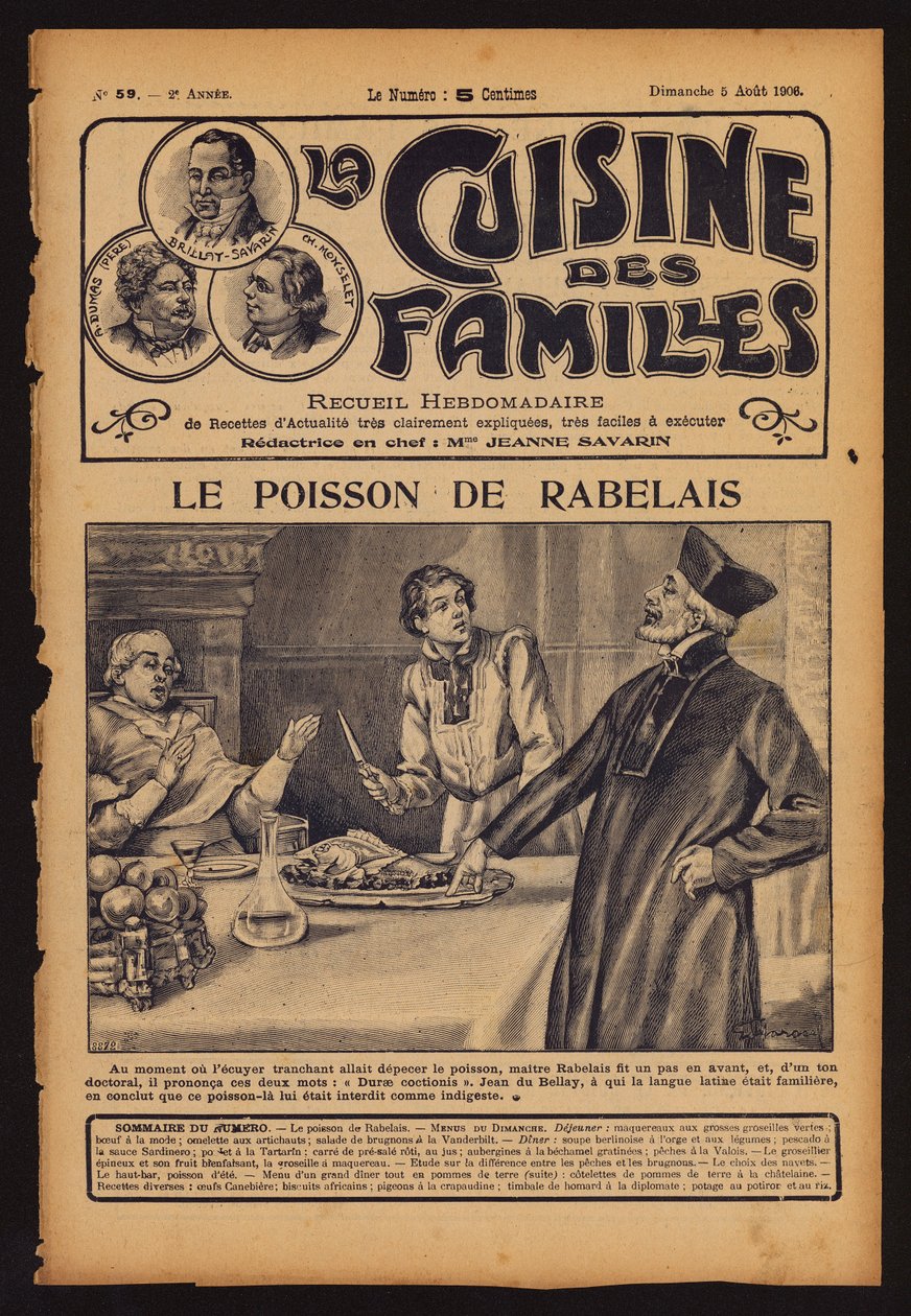Francois Rabelais varoittaa kardinaali Jean du Bellayta syömästä kalaa (kaiverrus). tekijältä French School