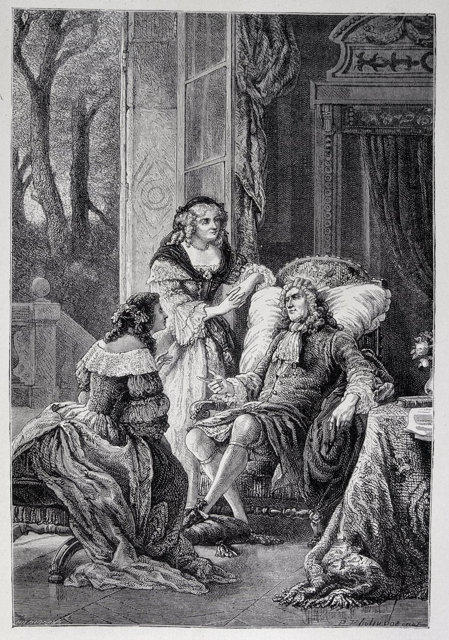 Francois de la Rochefoucauld (1613-1680) keskustelee Mademoiselle de Sevignen (Marie de Rabutin-Chantal), Marquise de Sevigne dit Madame de Sevignen (1626-1696) ja Marie-Madeleinen (Marie Madeleine) Pioche de La Vergnen kanssa, kreivitit (Madam of the F tekijältä French School