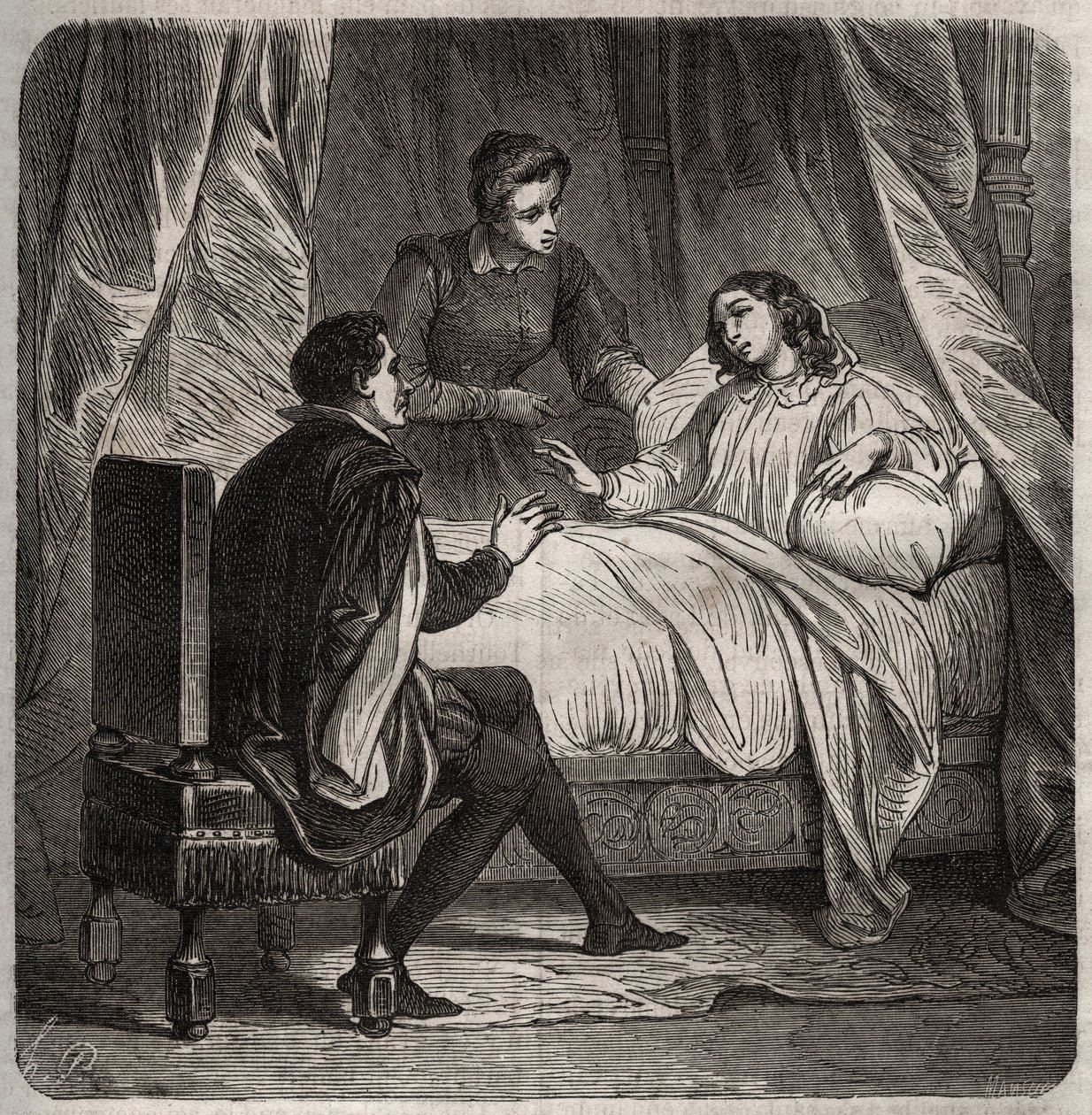 Francoise de Foix, Chateaubriantin kreivitär (n. 1495-1537), sairas, vastaanottaa Clement des Marets dit Marotin (1496-1544), Francois 1:n palvelijan, sängyssä. Kaiverrus vuodelta 1871 Henry de Kockin (1819-1892) teokseen "Histoire Des Cocus Celebres". tekijältä French School