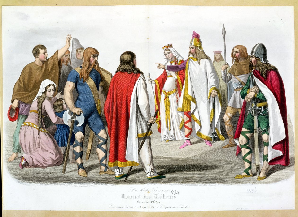 Frankilaiset ja merovingilaiset puvut, historiallinen muotilevy Les Modes Francaisesilta - Journal des Tailleurs, 1836 tekijältä French School