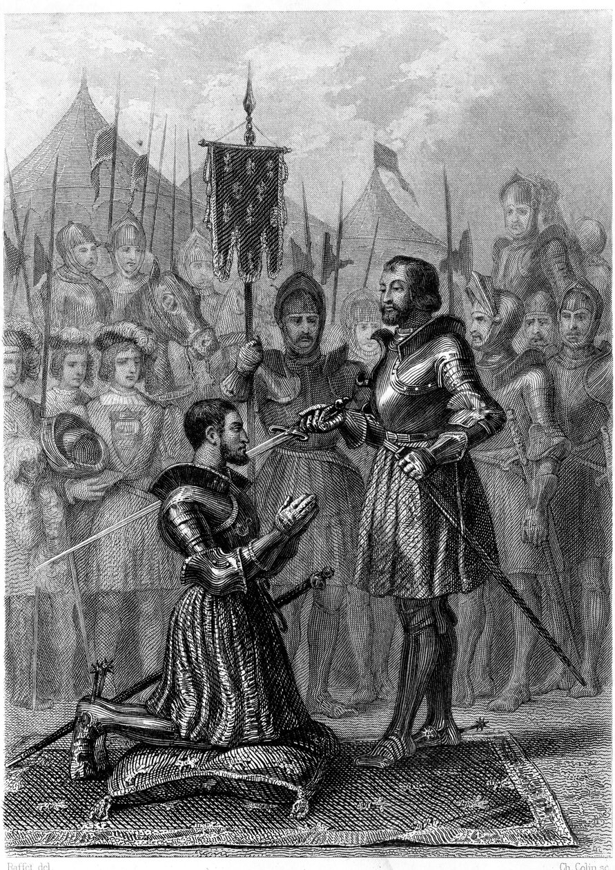 François 1st, aseistettu ritari Marignanin taistelun jälkeen (1515). 1800-luku (kaiverrus) tekijältä French School