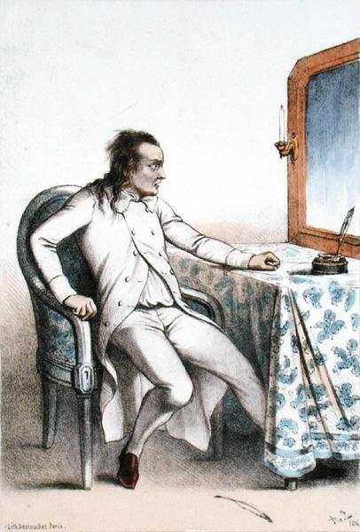 Frederick Lemaitre (1800-76) Georges Mauricen roolissa "La Dame de Saint-Tropez" -teatterissa de la Porte Saint-Martinissa (värilitho) tekijältä French School