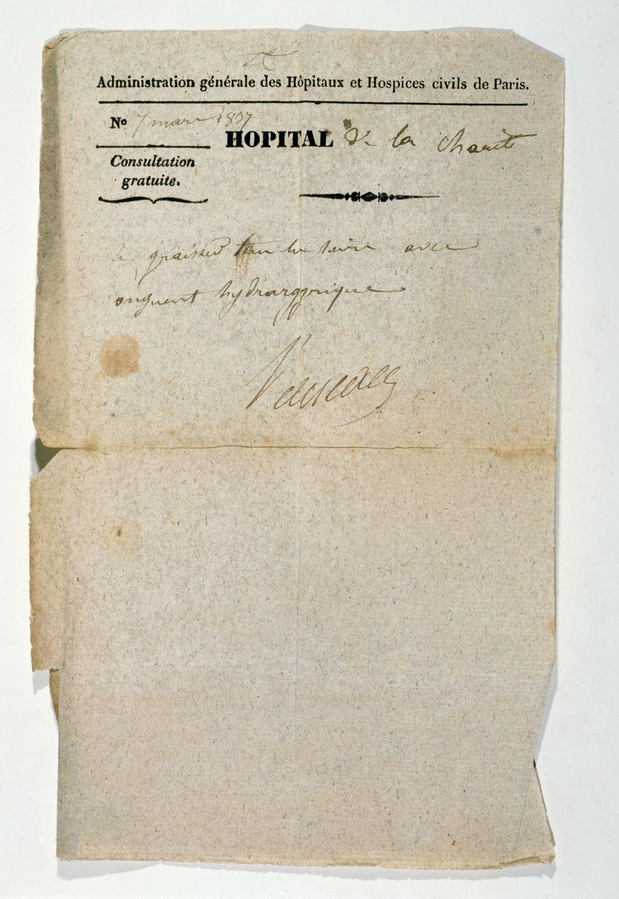 Ilmainen resepti Hopital de la Charitesta, Pariisista, 7. maaliskuuta 1837 tekijältä French School