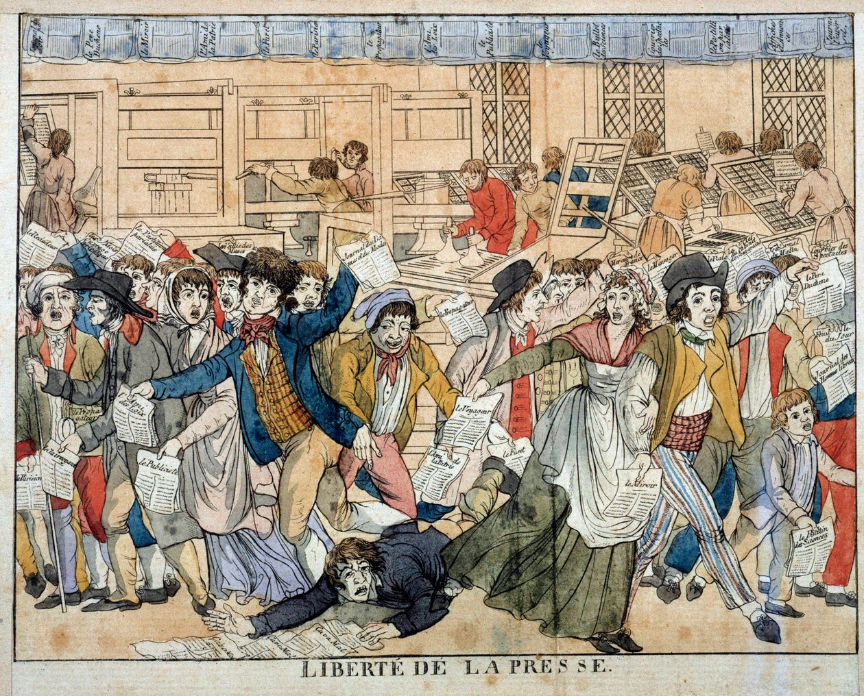Lehdistön vapaus Ranskan vallankumouksen aikana: Ihmisoikeuksien julistuksen 10 artikla (26/08/1789). Artikla 10, jossa säädetään mielipiteenvapaudesta, johtaa kaikenlaisen lehdistön anarkistiseen syntyyn. Kaiverrus 1700-luvulta tekijältä French School