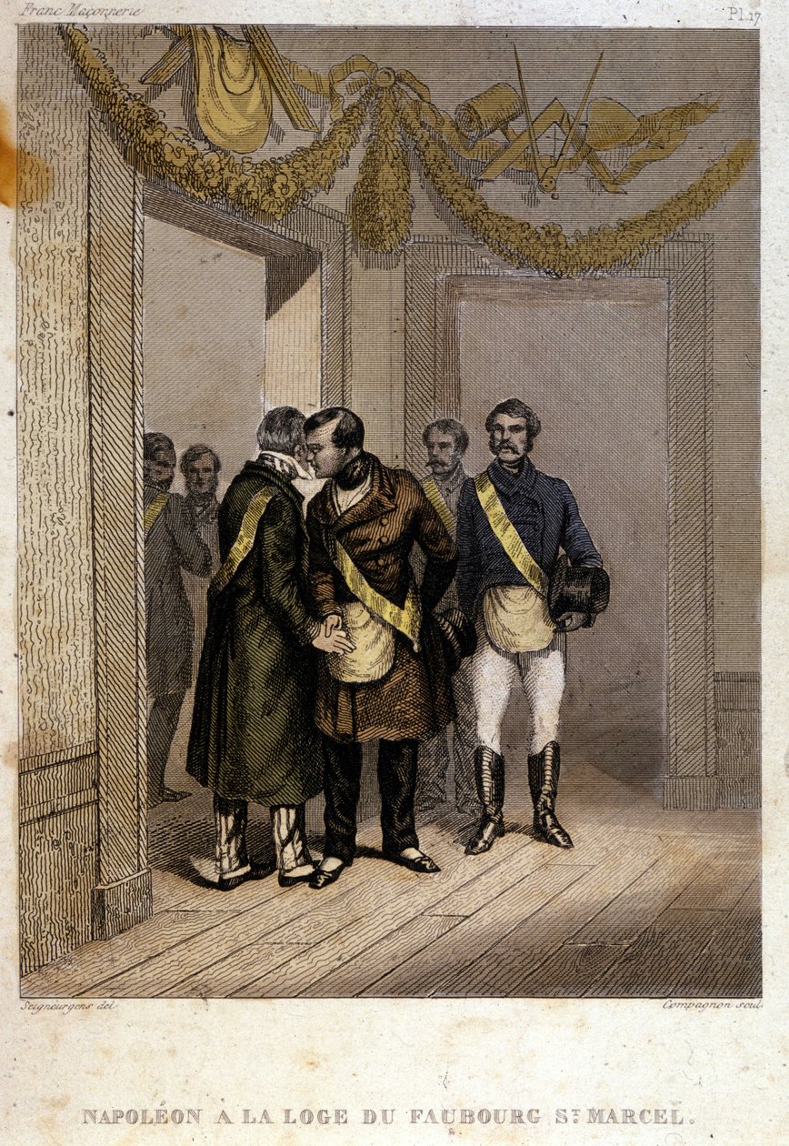 Vapaateko: Napoleon Joseph Charles Paul Bonaparte, lempinimeltään Prinssi Jerome tai Plonplon, tunnistetaan Faubourg Saint Marcelin temppelin sisäänkäynnin luona. Kaiverrus kirjasta "Picture Histoire de la Franc Maconnerie et des Societes Secretes Antique" tekijältä French School