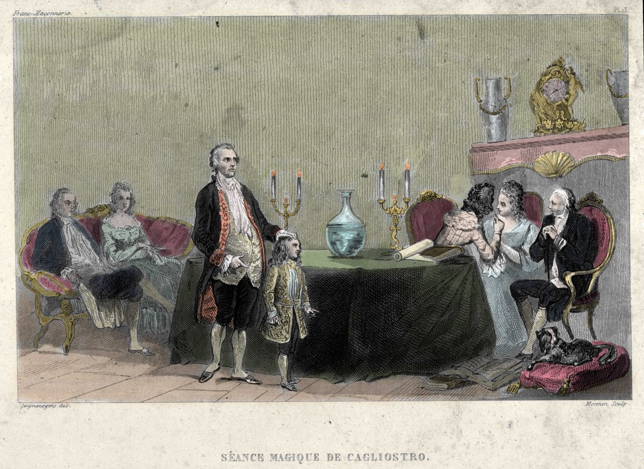 Freemaking: The Seance of Magic, Giuseppe Balsamo, joka tunnetaan myös nimellä Alexander, Cagliostron kreivi (1743 - 1795). Kaiverrus F.-T. B. Neilikka. Pagnerre, toimittaja tekijältä French School