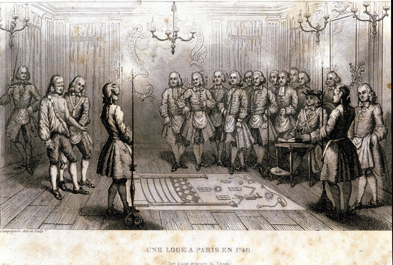 Vapaamuurarius: salainen kokous loosissa Pariisissa vuonna 1740. Kaiverrus F.-T. B. Clavel. Pagnere, toimittaja. 1843. tekijältä French School