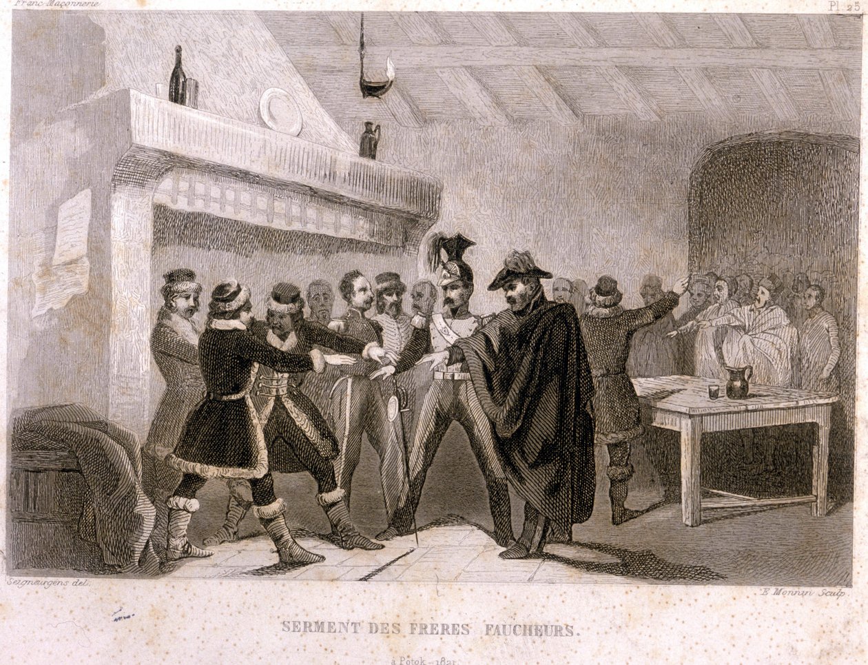 Vapaamuurarius: veljien viikattovala Potokissa vuonna 1821. Kaiverrus F.-T.:n maalauksellisesta Histoire de la Franc Maconnerie et des Societes Secretes antique et modernesta B. Clavel. Pagnere, toimittaja. 1843. tekijältä French School
