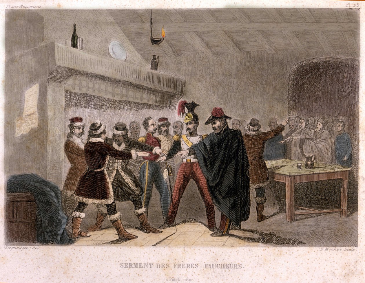 Vapaamuurarius: veljien viikattovala Potokissa vuonna 1821. Kaiverrus F.-T.:n maalauksellisesta Histoire de la Franc Maconnerie et des Societes Secretes antique et modernesta B. Clavel. Pagnere, toimittaja. 1843. tekijältä French School