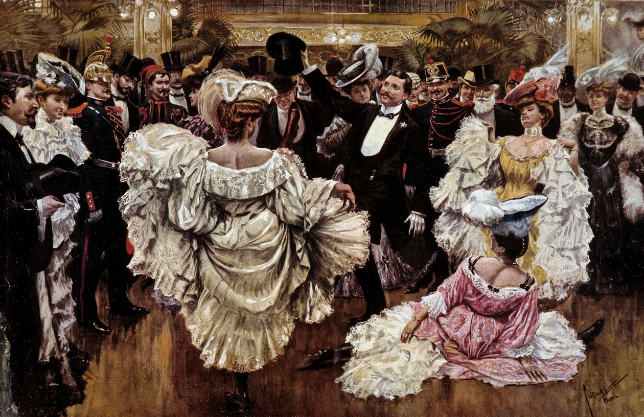 Ranskalaisia cancan-tanssijoita kabaree-esityksen aikana, 1900-luvun alku (vedos). tekijältä French School