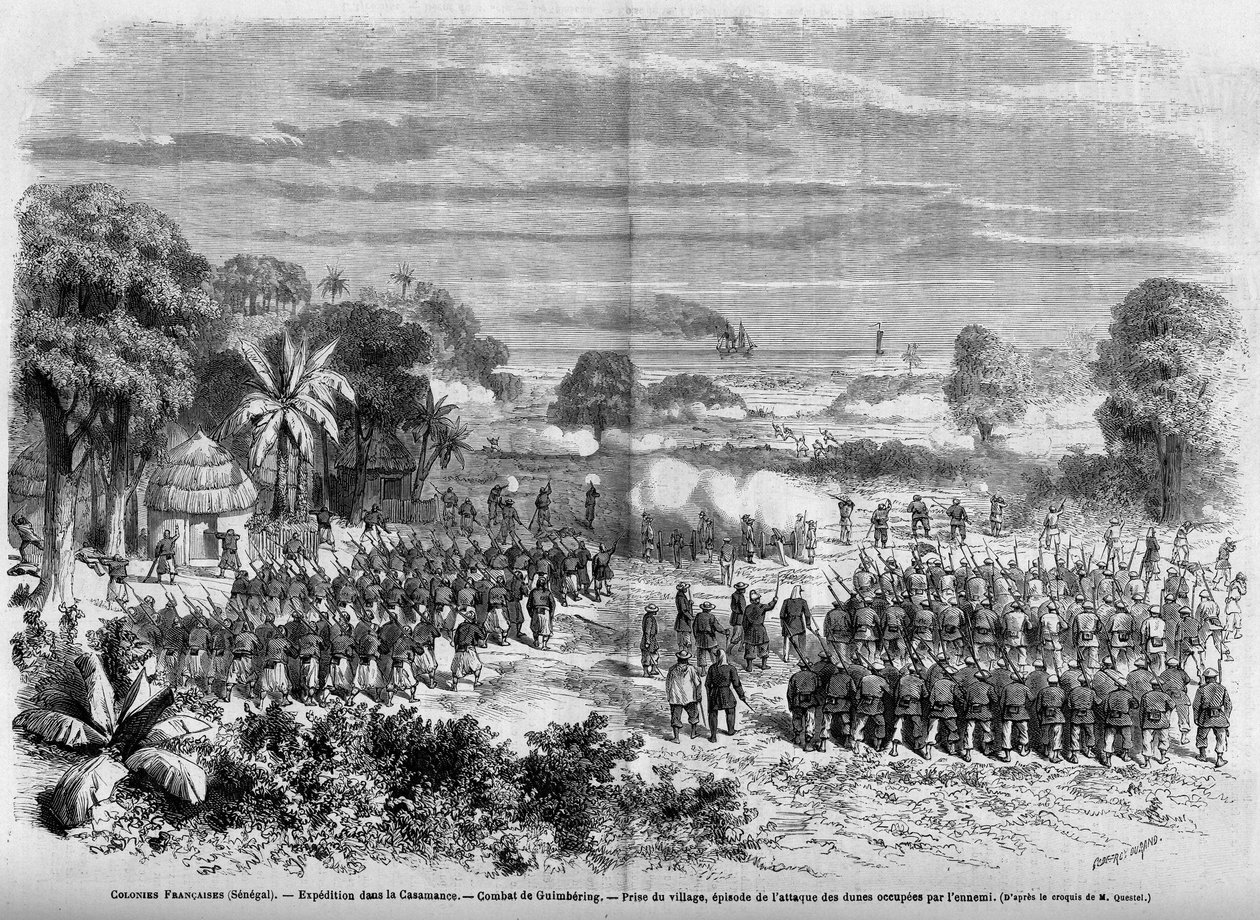 Ranskan siirtomaat (Senegal) 1865: Retkikunta Casamancessa. Guimberingin taistelu, kylän valloitus, jakso vihollisen miehittämien dyynien hyökkäyksestä. tekijältä French School