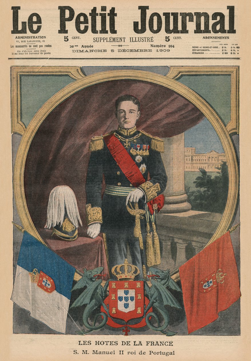 Ranskalaiset isännät, Hänen Majesteettinsa Manuel II, Portugalin kuningas, etukannen kuvitus Le Petit Journalin kuvituslehdestä, 5. joulukuuta 1909. tekijältä French School