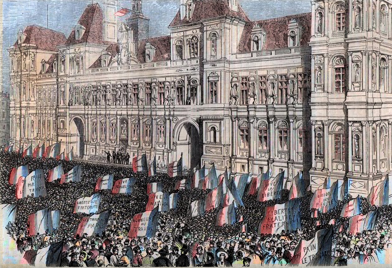Ranskan väliaikainen hallitus 1848 - Väliaikainen hallitus 1848 - Vaalit huhtikuussa 1848 - Työläisten mielenosoitus Hotel de Villessa Pariisissa (17. maaliskuuta tekijältä French School