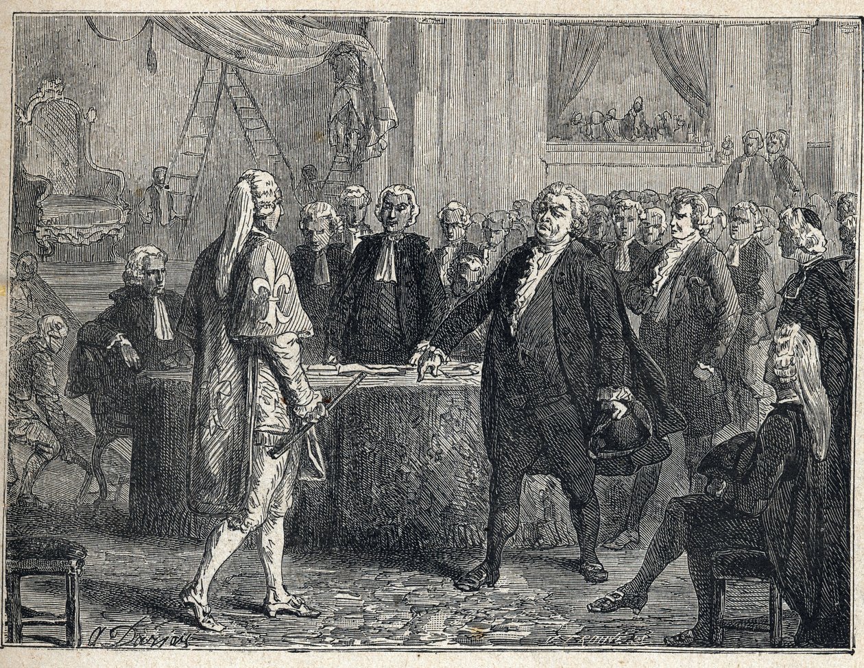 Ranskan vallankumous - Yleiskokous 23.6.1789: Honore Gabriel (Honore-Gabriel) Riqueti, Mirabeaun kreivi (1749-1791) puhui Henri Evrardille (Henri-Evrard), Dreux Brezen (Dreux-Breze) markiisille (1762-) 1829). Kaiverrus vuodelta 1889. Yksityinen kokoelma. tekijältä French School