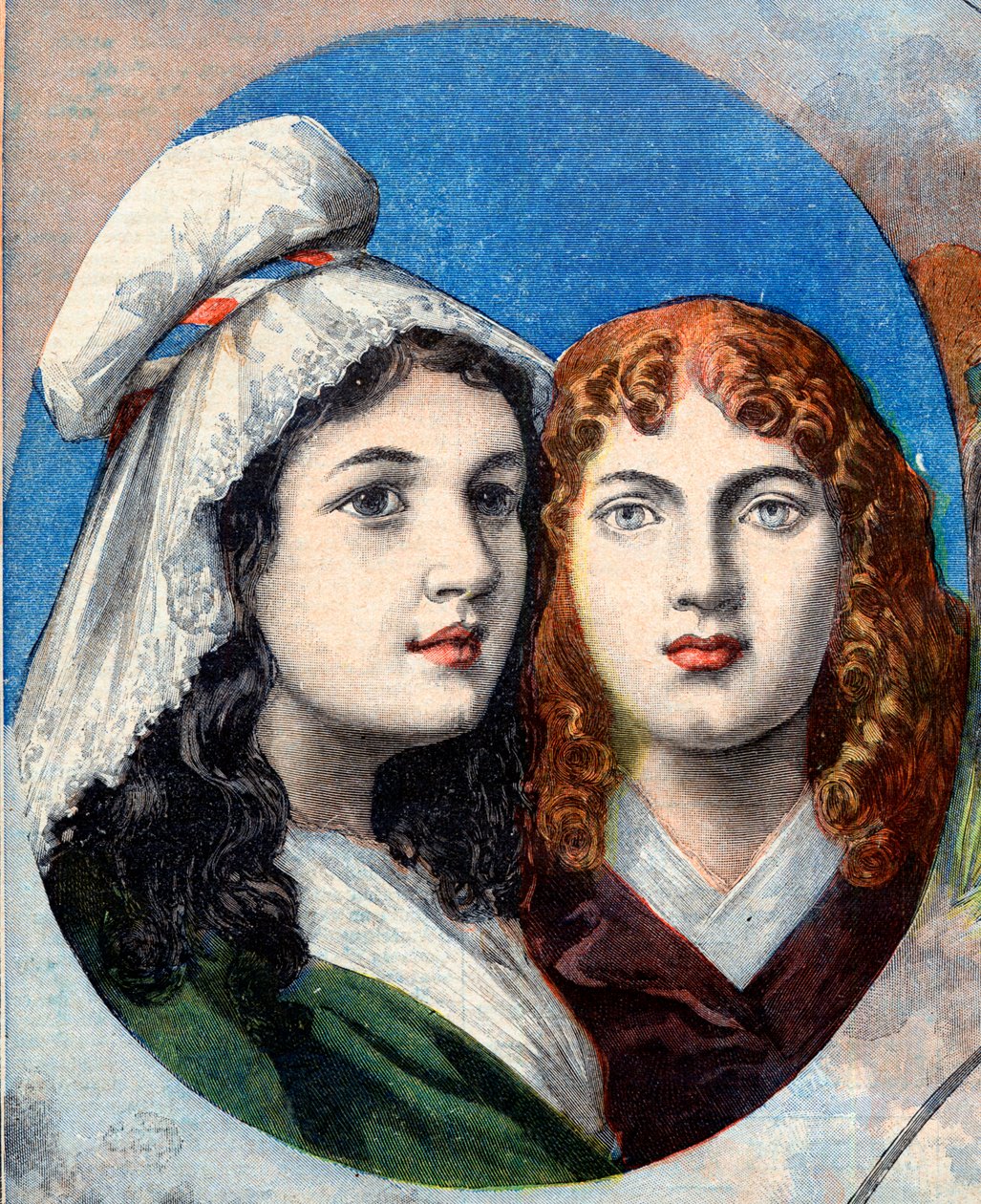 Ranskan vallankumous - Ranskan sankarittaret: Fernigin sisarukset Felicite (1770-1841) ja Theophile (1875-1819), jotka taistelivat mieheksi pukeutuneena itävaltalaisia vastaan katsoakseen isäänsä vuonna 1792 - kuva "Le Petit Journal" -lehdestä 7. elokuuta  tekijältä French School